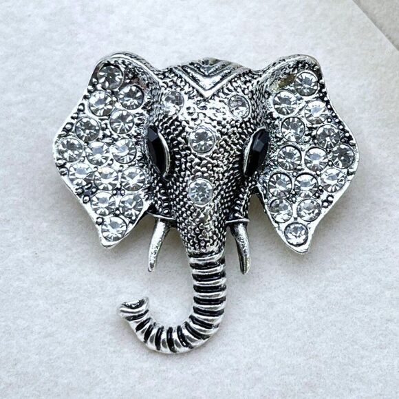 Silver with White Diamond and Black Onyx Crystal Elephant Pin Back Brooch - Picture 3 of 9